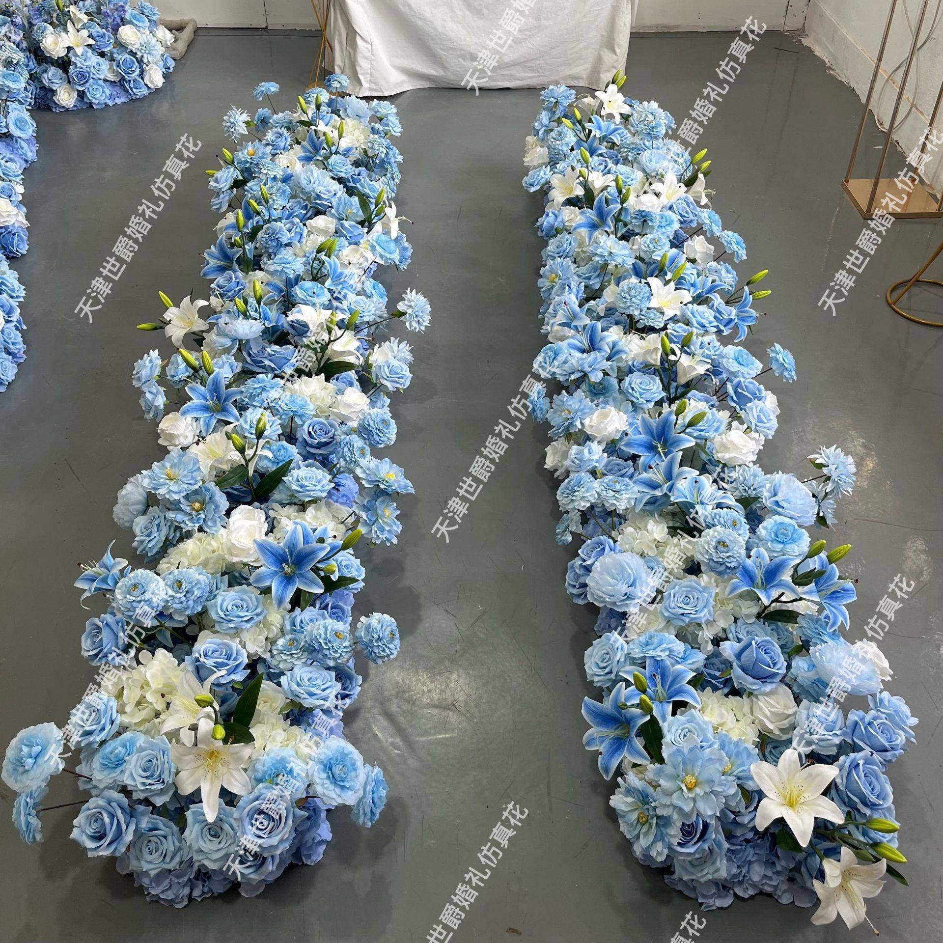 世爵新款婚庆典礼造景路引仿真花绢花装饰2.4.m蓝色系长条长排花