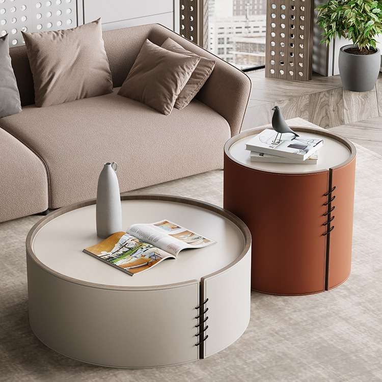 现代轻奢大小圆茶几小户型简约创意马鞍皮北欧茶桌客厅设计师家具