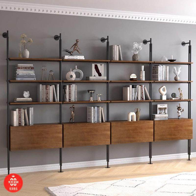 意式极简书架客厅落地书柜北欧置物架简易多层铁艺挂墙实木收纳架