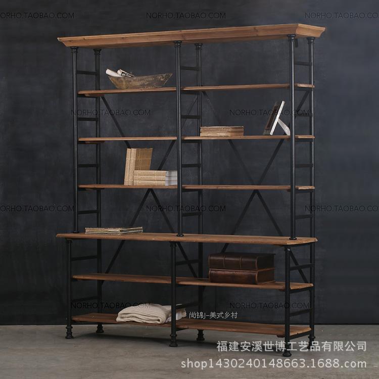 美式乡村风格铁艺做旧置物架铁木餐边柜展示架收纳架复古实木书架