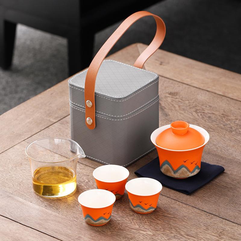 陶瓷千里江山旅行茶具套装随身户外快客杯一壶三杯泡茶壶喝茶装备