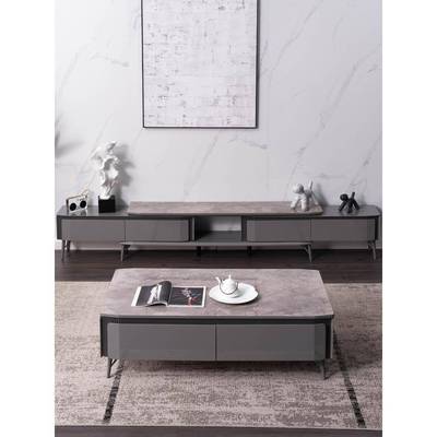 新款灰色亮光岩板茶几电视柜组合小户型可伸缩现代简约风实木轻奢