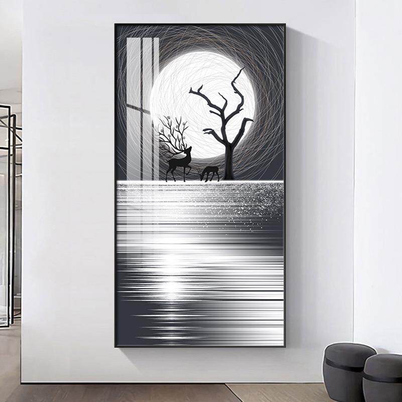 入户玄关装饰画竖版现代简约走廊过道壁画新款寓意好麋鹿挂画