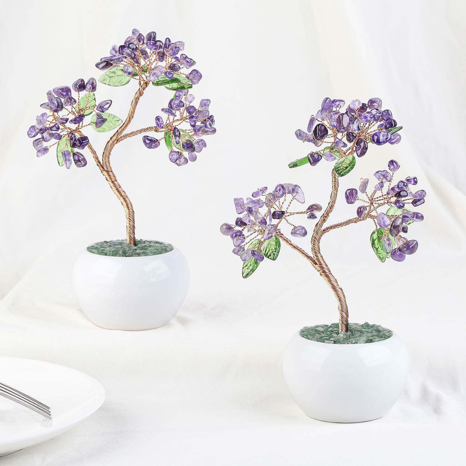 捷克玻璃叶子水晶碎石发财树配陶瓷花盆底座创意工艺品水晶树摆件
