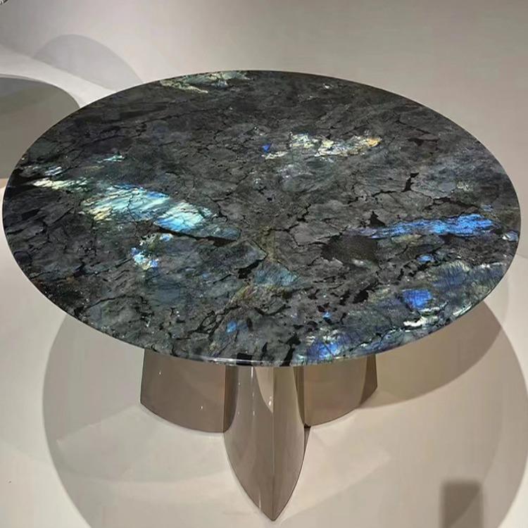 意式天然大理石现代简约家用圆桌高端轻奢圆形蓝翡翠奢石餐桌