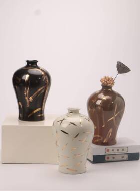 现代新中式办公室红色描金陶瓷亚克力罩摆件样板房间家居软装饰品