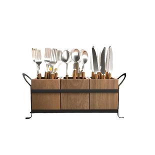 复古风餐具木质收纳盒乡村风格 餐具整理盒刀叉勺子多格分类收纳盒