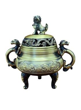 黄铜香炉象足龙凤狻猊带盖铜香炉摆件工艺品三足鼎供奉炉中式铜制