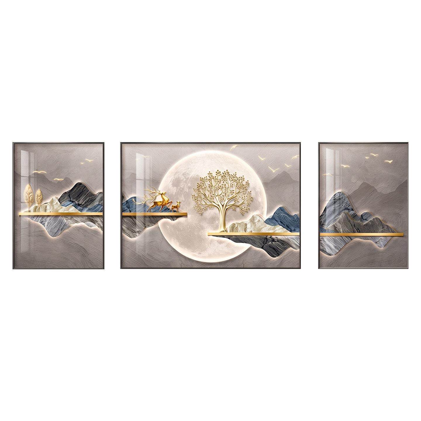 福禄双全三联晶瓷镶钻挂画羽毛麋鹿银杏现客厅沙发背景装饰画
