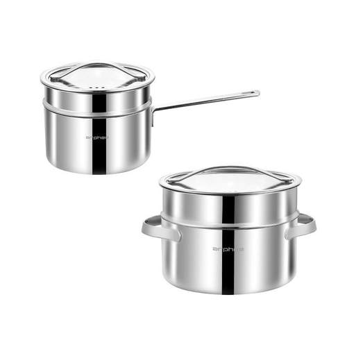 304不锈钢奶锅家用带蒸笼煲汤汤锅炉灶通用加厚无涂层带盖大容量