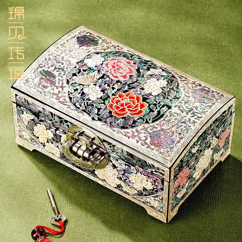 螺钿漆器首饰盒高档木质收纳盒结婚订婚礼物三金五金珠宝盒锦贝