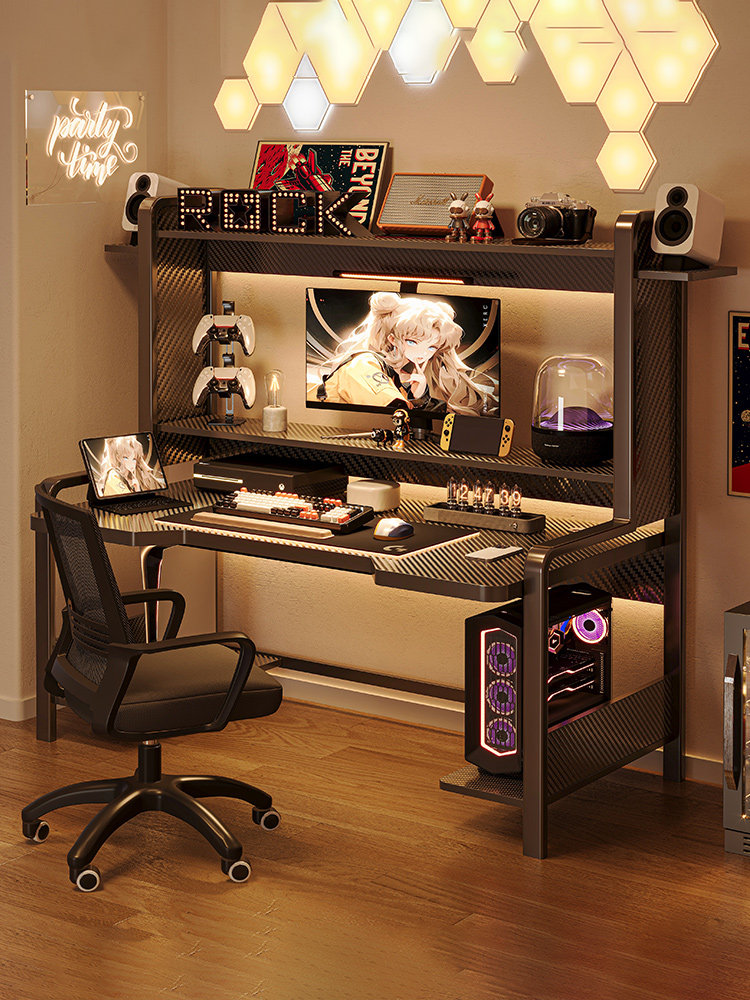 。台式机电脑桌带置物架卧室家用小型电脑桌书架一体电竞桌椅套装