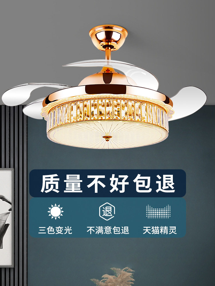 双控奢华隐形风扇灯餐厅 吊扇灯家用客厅卧室变频水晶电风扇吊灯