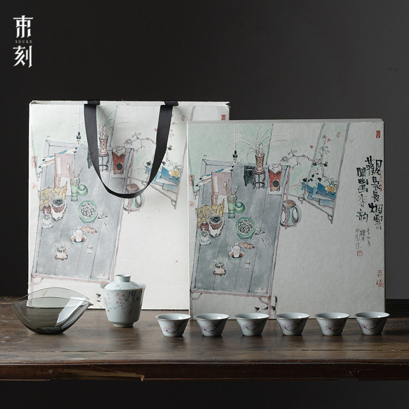 束刻手绘兰花家用客厅茶具套装轻奢高档陶瓷盖碗茶杯小套组泡茶碗