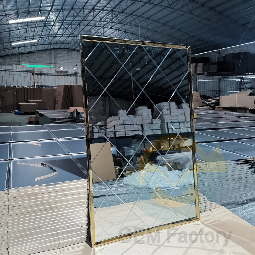酒店跨境浴室镜方形车刻工艺卫生间艺术镜不锈钢边框挂墙装饰墙镜