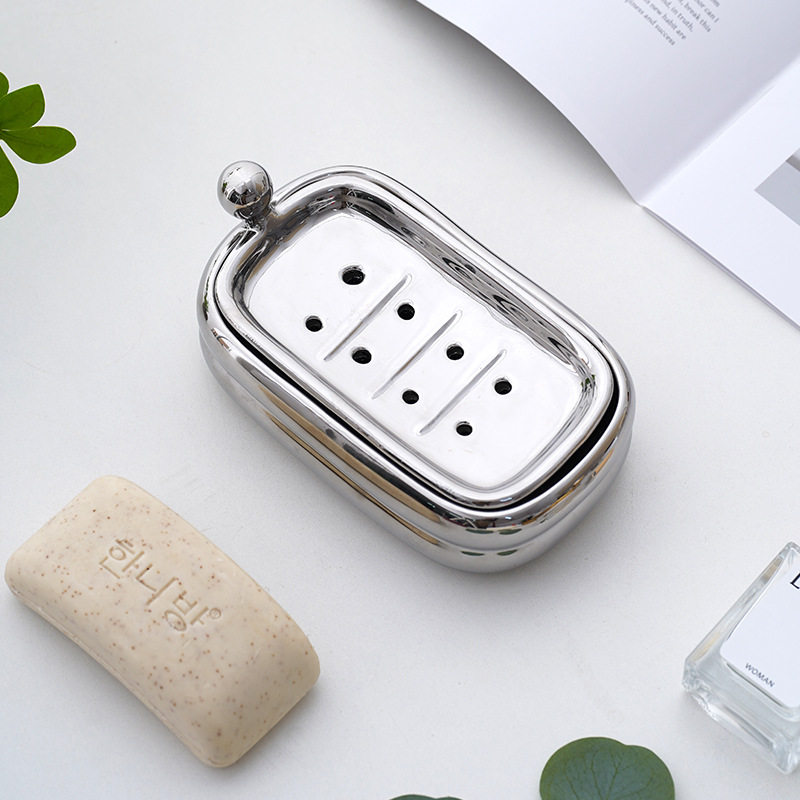 轻奢银陶瓷肥皂盒双层沥水皂盒卫生间香皂盒高级感家用酒店肥皂碟