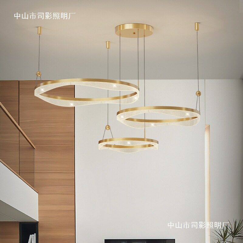 极简客厅吊灯全铜高档大气复式大厅楼梯灯具挑高楼中楼圆环餐厅灯