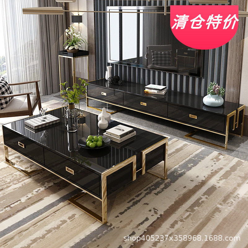 镀金轻奢茶几电视柜组合不锈钢简约后现代小户型烤漆地柜客厅家具