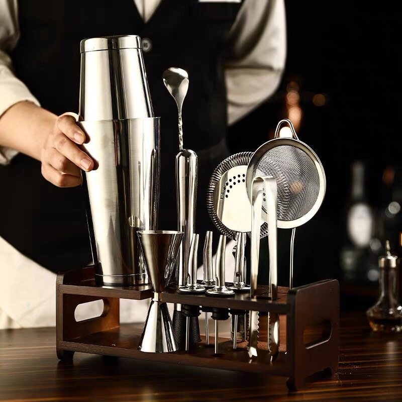 12件套调酒器套装不锈钢摇酒壶鸡尾酒调酒器套装带木底座调酒工具