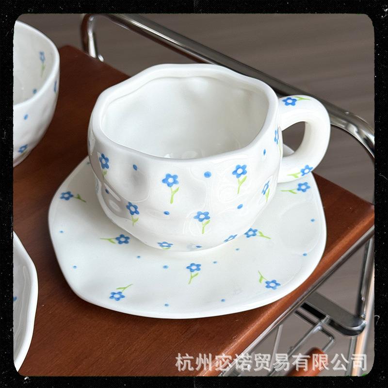 ins手绘手捏杯碟花朵拉花咖啡摩卡高颜值拿铁咖啡杯陶瓷杯碟情侣
