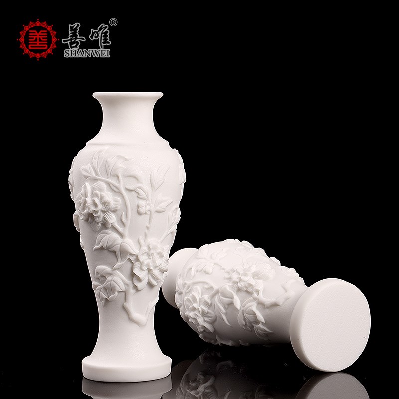 善唯 汉白玉牡丹花瓶一对石雕石头香炉大理石客厅公司墓碑前摆件