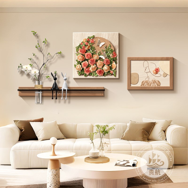 原木奶油风客厅装饰画花卉人物沙发背景墙挂画水培绿植组合壁画