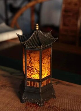 古篱湘妃竹石头六方灯p茶室烛台氛围灯高级感茶桌布置灯复古中古