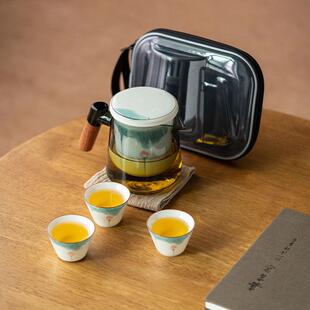 手绘荷花旅行茶具套装便携式快客杯便携包户外泡茶随身茶具