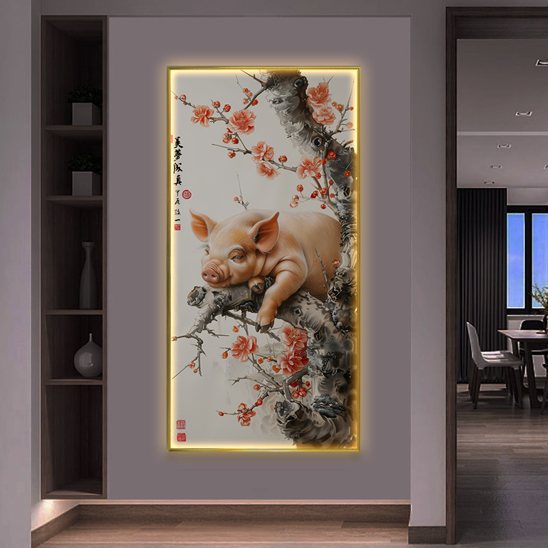 速发小猪招财老壁画诸事如意猪母猪上树挂饰柿子顺利客厅装画画
