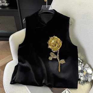 速发丝绒国风新中式马甲上衣高外搭领黑色无袖外套马夹背心端立春