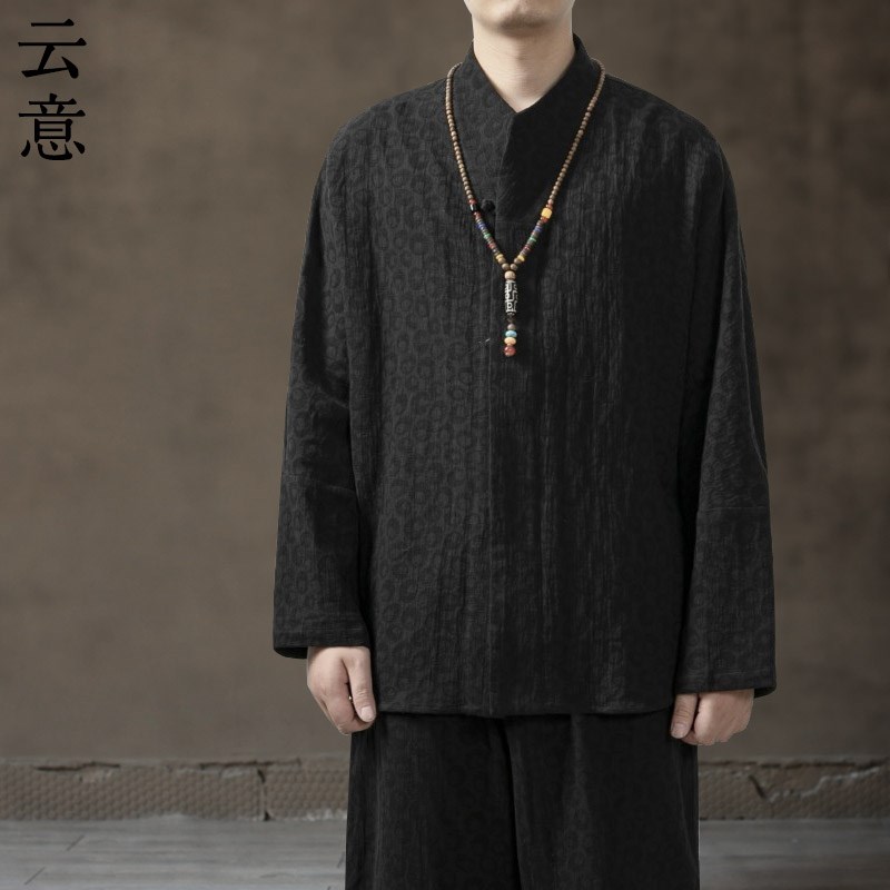 速发春亚麻汉服麻中国风立领长袖复古风盘扣休闲唐装棉男茶服