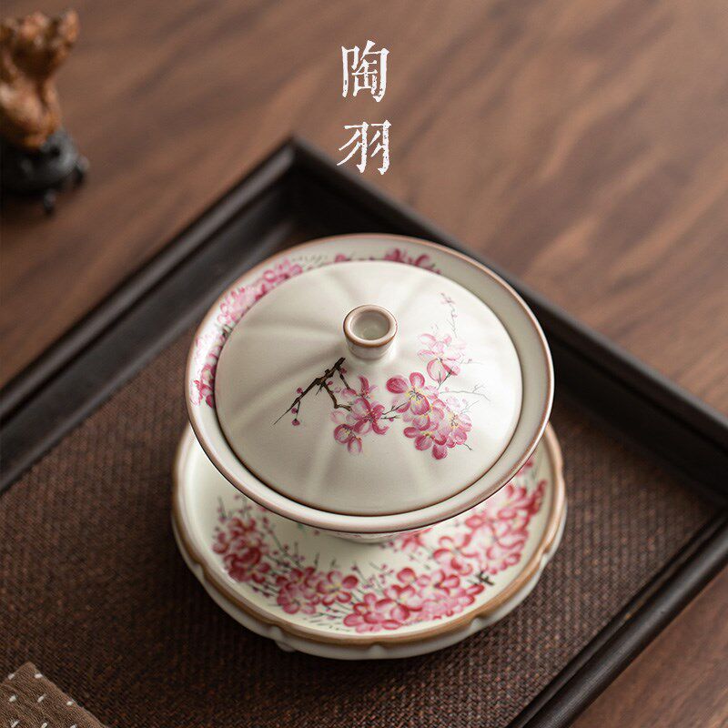 速发汝窑梨花猪油冻斗笠三才盖碗士高档家用陶瓷功夫茶具单个敬茶