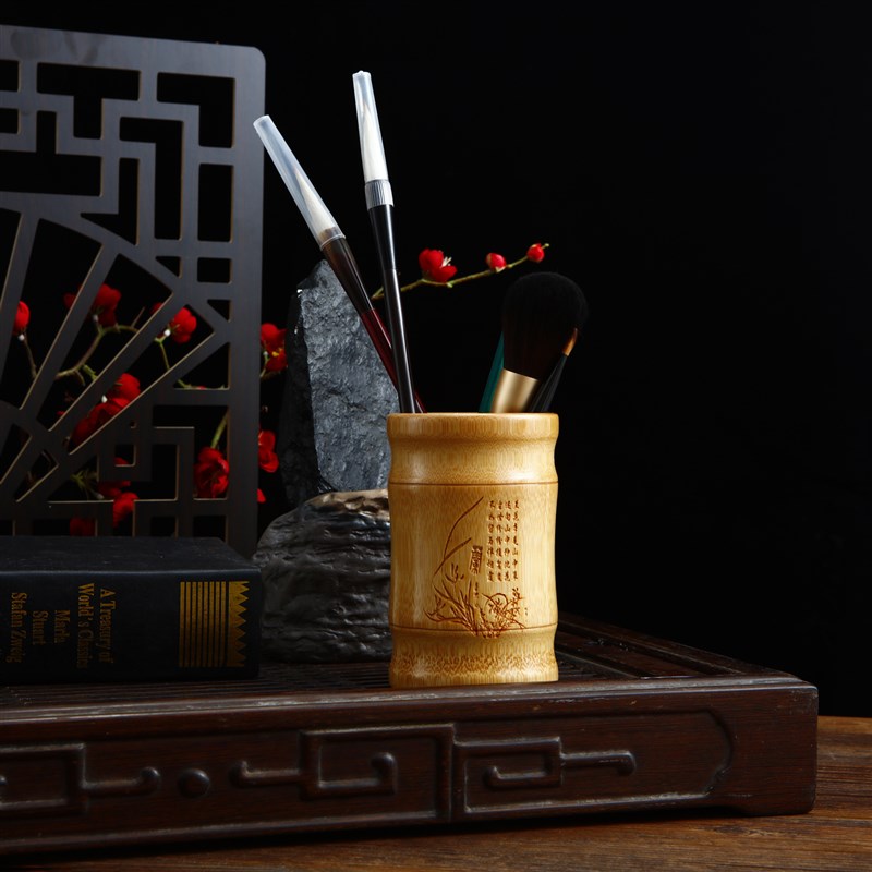 速发竹木笔筒收古圆形笔桶商务中国风办公室文房桌面摆件纳品复礼