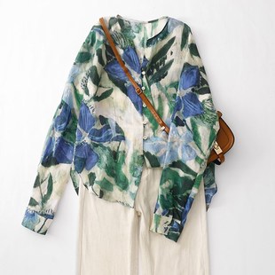 速发码 文艺大时小个子长龄宽松上衣 尚洋气晕染印花棉麻减袖