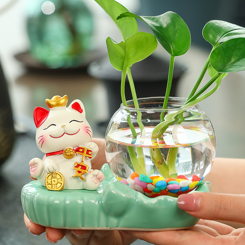 速发创意招财装客厅插花猫饰植透明玻璃器皿水养品物绿萝水培花瓶