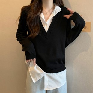 速发大款装松长袖t恤秋宽新码针织打底衫设计感小众假两件气质上