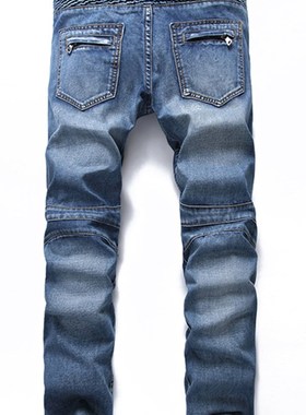 Men Casual Biker Denim Jeans Stretch Pants Solid Regular Fit