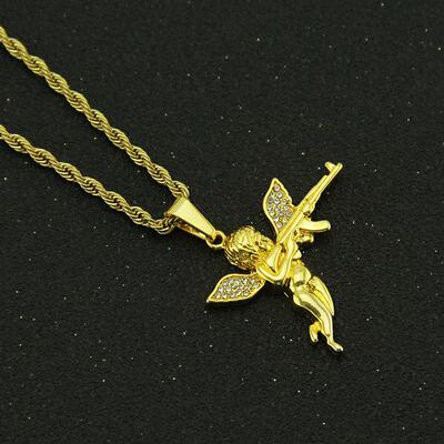 Avenging Angel Diamond Pendant Necklace Mens Angel Gun Acce
