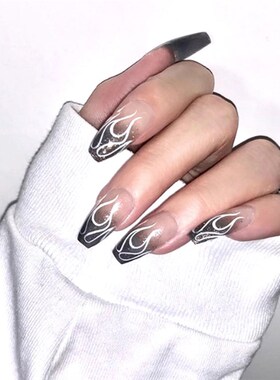 24pcs False Nails with Black Flame Designs Ballerina/Stilet