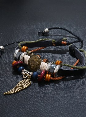 【小文精选青春派】叶子复古皮质手錬手镯可调节男女情侣手环