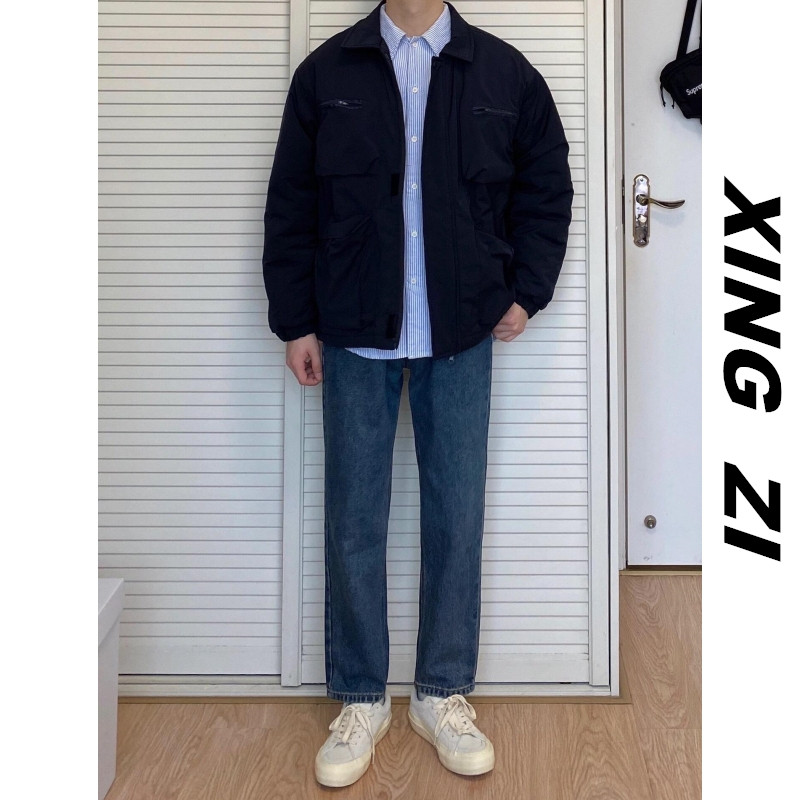 港风复古牛仔裤男款直筒九分裤宽松遮肉显瘦高街潮牌蓝色休闲长裤