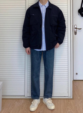 港风复古牛仔裤男款直筒九分裤宽松遮肉显瘦高街潮牌蓝色休闲长裤