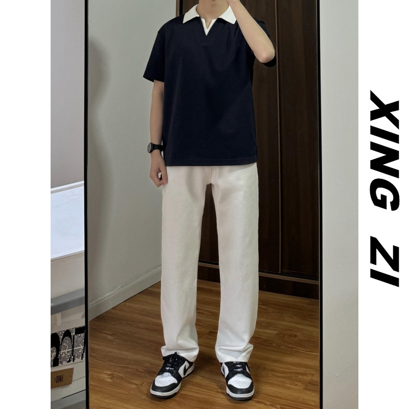 春夏男宽松撞色V领短袖POLO衫