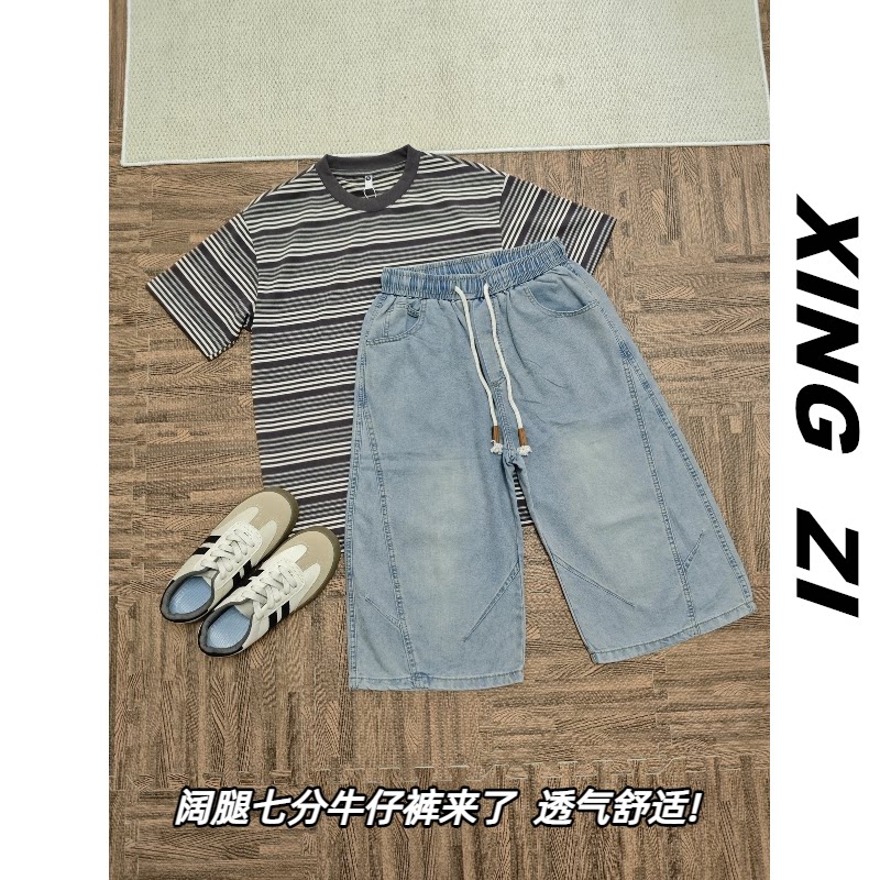 夏季男宽松阔腿七分牛仔裤