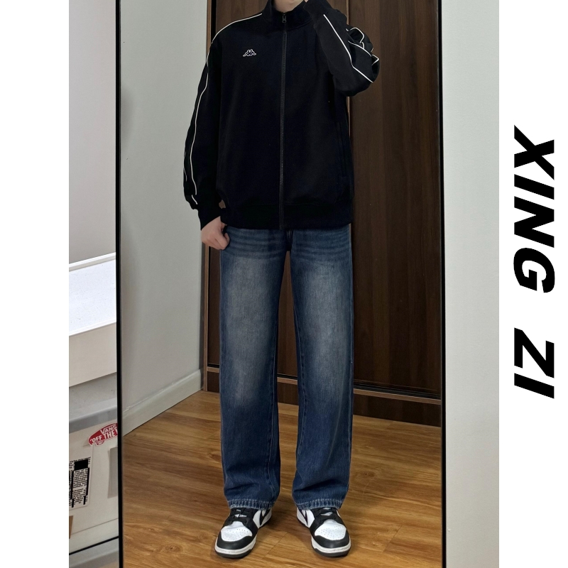 美式潮牌复古牛仔裤男款直筒宽松高品质潮流百搭秋冬季深蓝色长裤