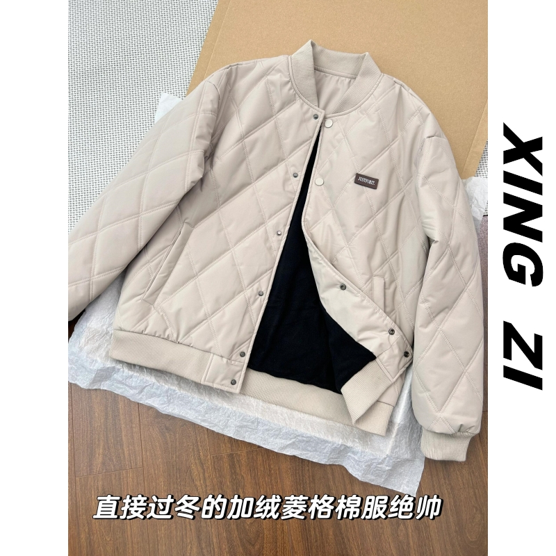 美式复古菱格棒球领棉服男款百搭