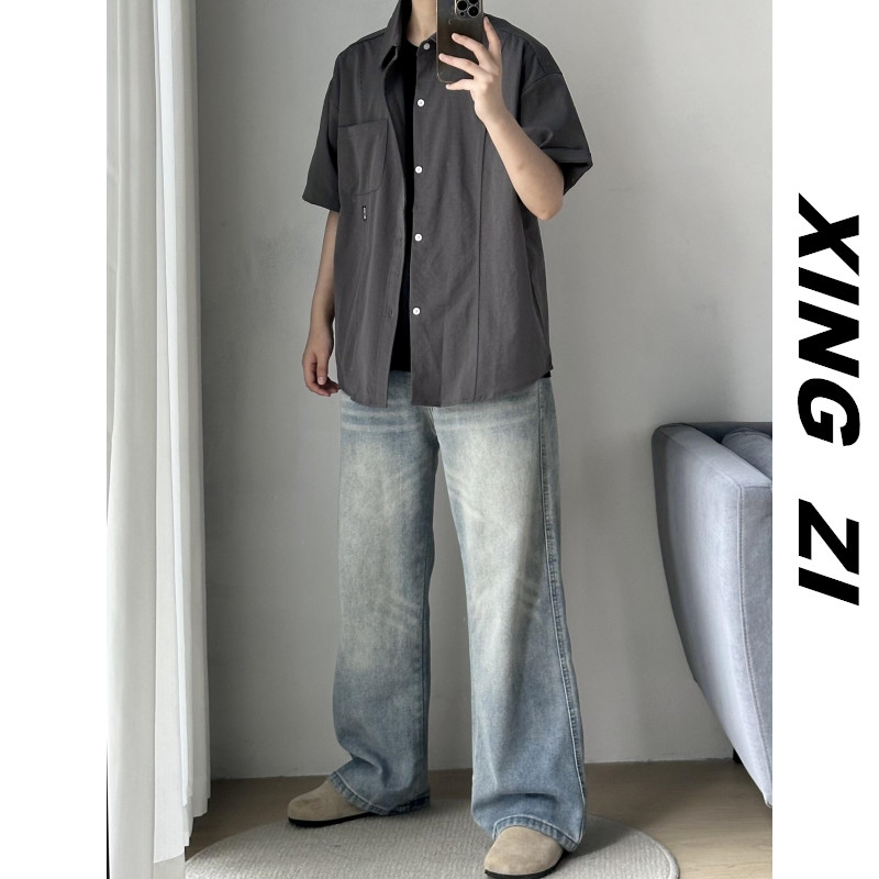 夏季美式牛仔裤男宽松复古阔腿裤