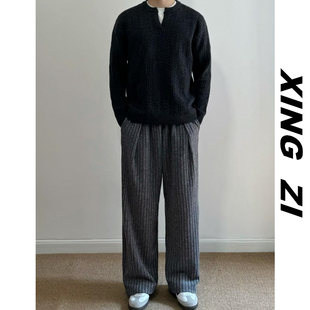 日系复古慵懒风针织衫男款早春季宽松休闲重磅质V领简约毛衣男款