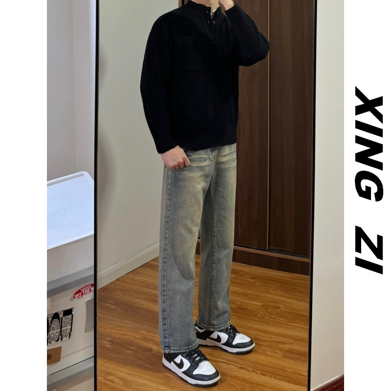 裤长92牛仔裤男生直筒宽松九分裤秋冬季美式复古潮流百搭休闲裤子