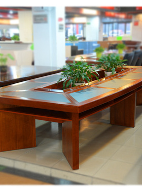 中式办公家具厂家条形实木木皮会议桌 大型会议桌油漆会议桌H-801